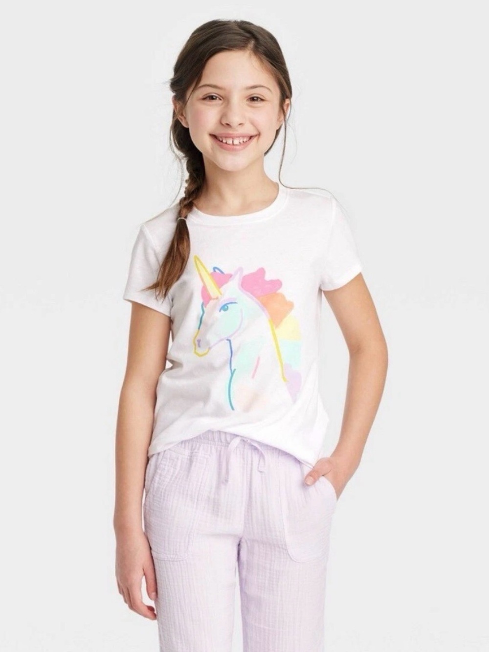 Cat & Jack White Short Sleeve Tee with Pastel Unicorn Graphic